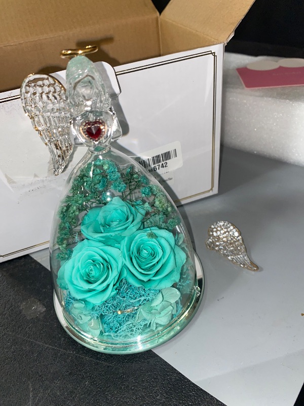 Photo 1 of Tiaronics Mothers Day Rose Gifts for Women, Large Angel Figurines with Real Roses, Preserved Real Flower Rose for Her - Aqua Blue