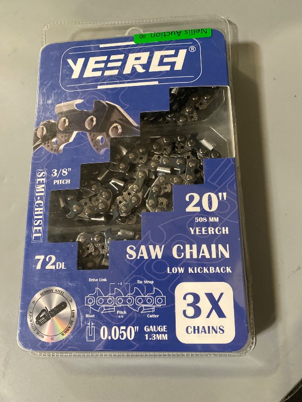 Photo 1 of Yeerch 20 Inch Chainsaw Chain 3/8" Pitch, .050" Gauge, 72 Drive Links, 20 Saw Chain Fits for Stihl, Husqvarna, Poulan Pro and More 20" Saw Chain (3 Chains, Semi-Chisel)