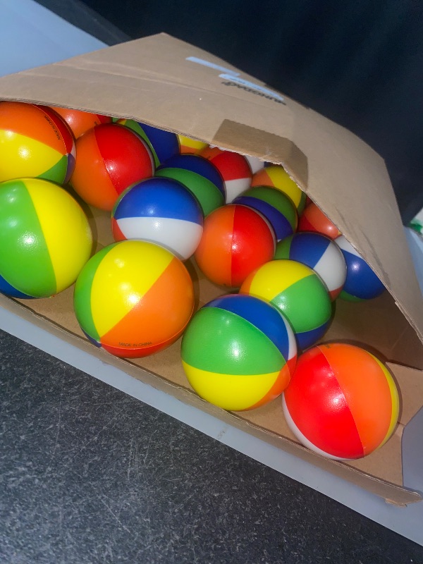 Photo 1 of Hungdao 36 Pcs Beach Stress Balls 2.5 Inch Mini Relief Stress Ball Rainbow Beach Swimming Pool Game Toy Foam Sports Toys with Storage Bag for Summer Birthday Party Favor