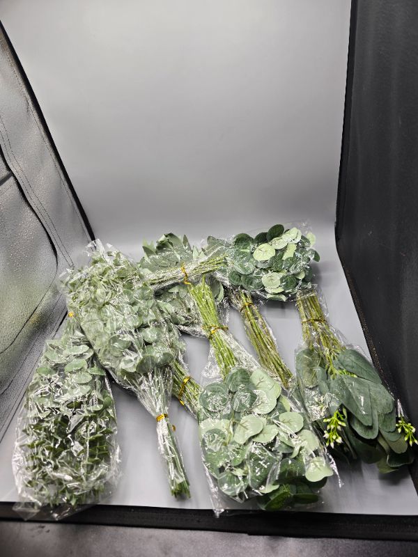 Photo 1 of 120 Pcs 4 Kinds Mixed Artificial Eucalyptus Leaves Stems Bulk Fake Silver Dollar Eucalyptus Bundle Faux Plants Greenery for DIY Bouquets Floral Arrangement Wedding Engagement Party Decor (Green)