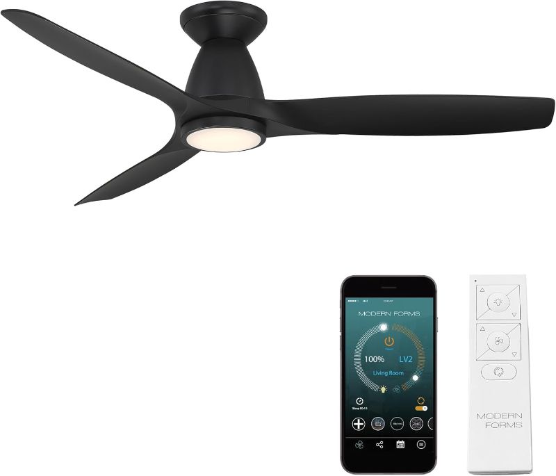 Photo 1 of Skylark Smart Indoor and Outdoor 3-Blade Flush Mount Ceiling Fan 54in Matte Black with Adjustable CCT 2700K-3000K-4000K-5000K LED Light Kit and Remote Control works with Alexa and iOS or Android App
