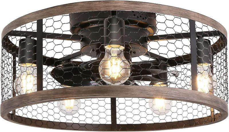 Photo 1 of 20'' Flush Mount Caged Ceiling Fan with Lights Remote Control, Farmhouse Rustic Low Profile Small Vintage Enclosed Ceiling Fan Lighting Fixture Bedroom Dining Room