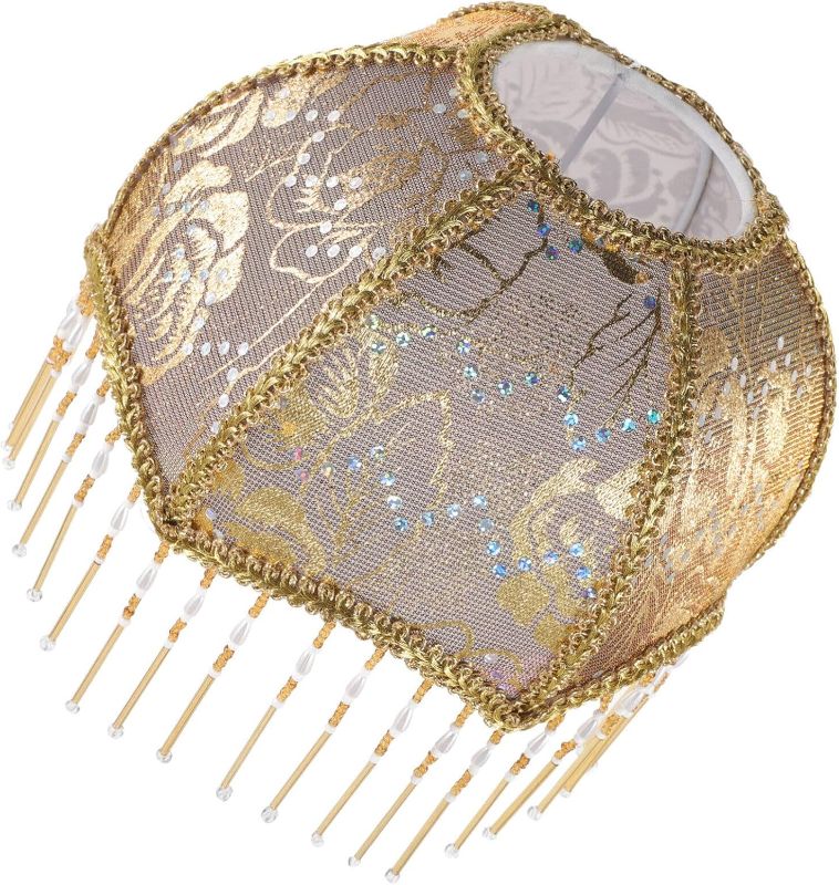 Photo 1 of Victorian Lamp Shade,Royal Style Fabric Lampshade Lampshade with Beads Fringe Scallop Dome Lamp Cover E27 Antique Cloth Lamp Replacement Clip On Bulb Gold
