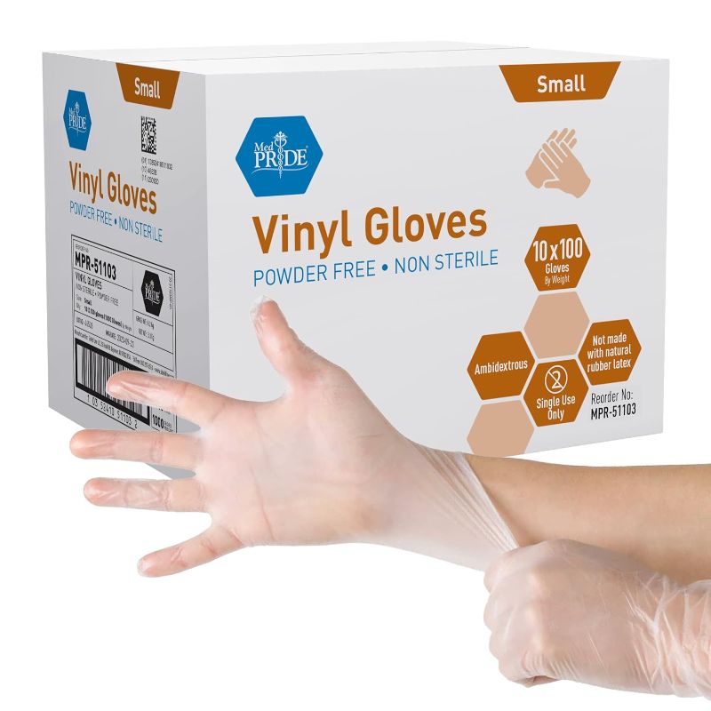 Photo 1 of Med PRIDE Vinyl Gloves| Small Case of 1000| 4.3 mil Thick, Powder-Free, Non-Sterile, Heavy Duty Disposable Gloves| Professional Grade for Healthcare, Medical, Food Handling, and More
