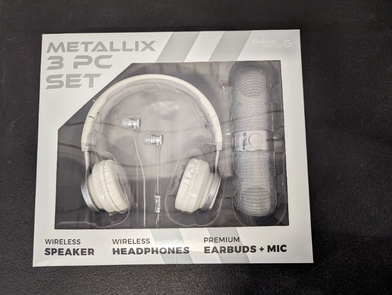 Photo 2 of GabbaGoods 3 Piece Metallix Electronics Gift Combo Set- Includes a Gabba Goods Bluetooth Wireless Audio Sound Speaker, Over the Ear Bluetooth Foldable Headset, & Earbuds with built-in Mic- Silver