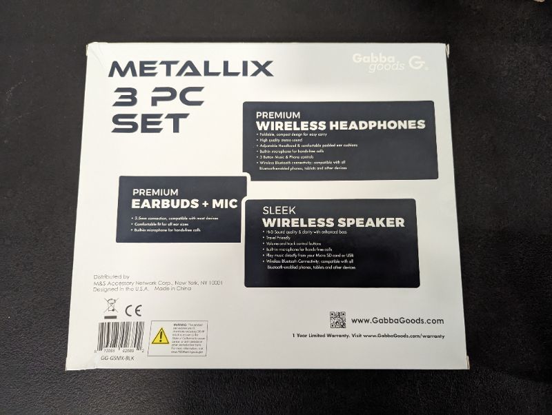 Photo 3 of GabbaGoods 3 Piece Metallix Electronics Gift Combo Set- Includes a Gabba Goods Bluetooth Wireless Audio Sound Speaker, Over the Ear Bluetooth Foldable Headset, & Earbuds with built-in Mic- Black