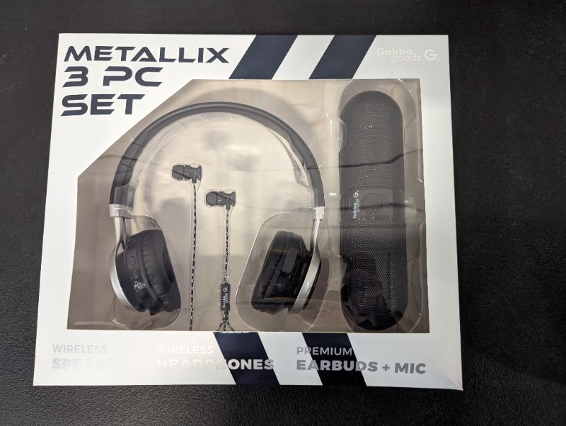 Photo 2 of GabbaGoods 3 Piece Metallix Electronics Gift Combo Set- Includes a Gabba Goods Bluetooth Wireless Audio Sound Speaker, Over the Ear Bluetooth Foldable Headset, & Earbuds with built-in Mic- Black