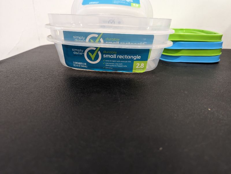 Photo 3 of Simply Done - 4 Pack Storage Containers w/Lids - 2 Small Rectangle Containers (2.8C) + 2 Medium Rectangle Containers (4.9C) (Green & Blue Lids)