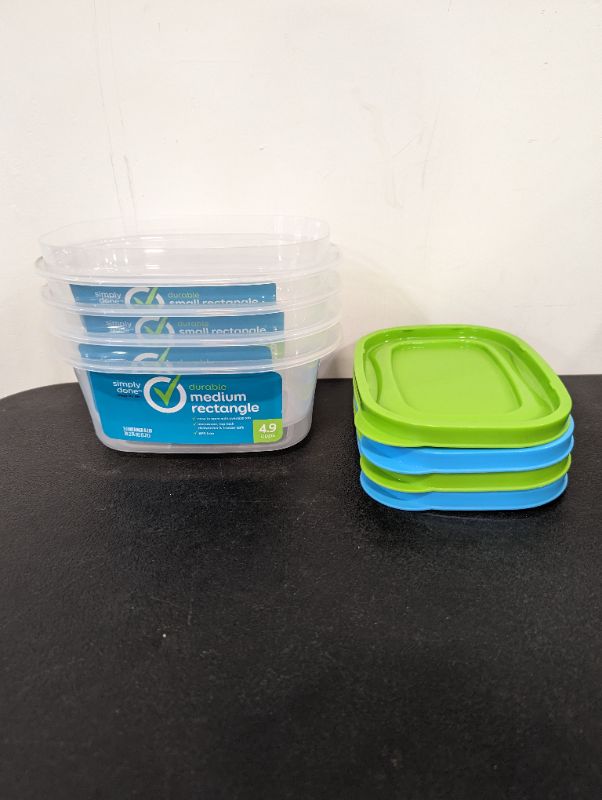 Photo 1 of Simply Done - 4 Pack Storage Containers w/Lids - 2 Small Rectangle Containers (2.8C) + 2 Medium Rectangle Containers (4.9C) (Green & Blue Lids)