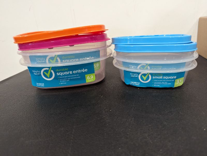 Photo 1 of Simply Done - 4 Pack Storage Containers w/Lids (Variety Colors) - 2 Small Square Containers (3.1C) + 2 Square Entree Containers (6.9C)