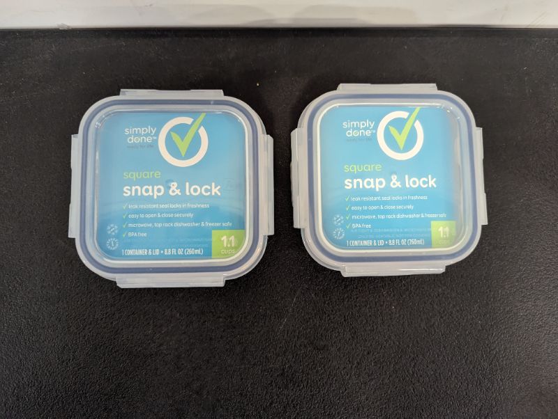 Photo 1 of Simply Done - Snap & Lock Containers - 2 Containers & 2 Lids - Small Square, 1.1C