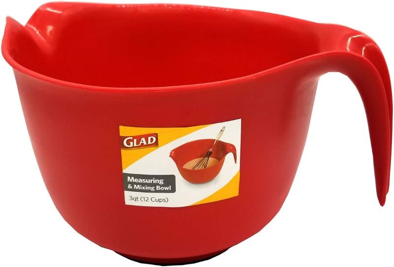 Photo 1 of GLAD Mixing Bowl with Handle – 3 Quart | Heavy Duty Plastic with Pour Spout and Non-Slip Base | Dishwasher Safe Kitchen Supplies for Cooking and Baking, Red
