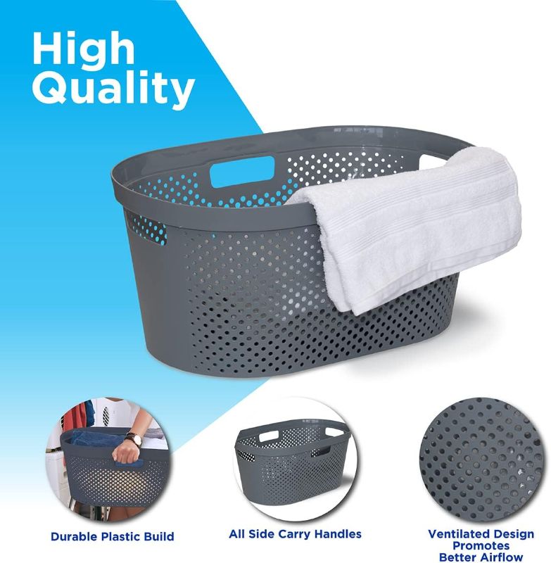 Photo 2 of Clorox Laundry Basket Plastic - Portable Clothes Hamper with Handles - Short Storage Bin for Bedroom and Baby Nursery, 1 Bushel, Grey