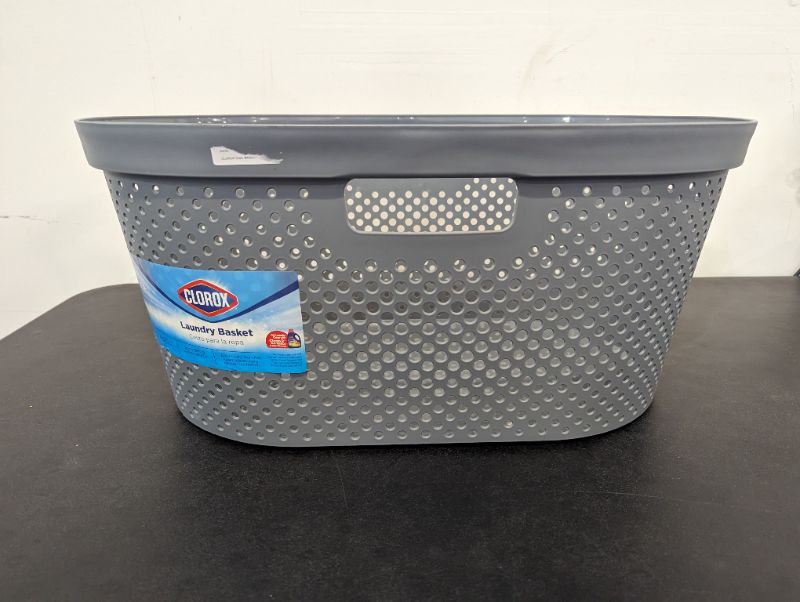 Photo 3 of Clorox Laundry Basket Plastic - Portable Clothes Hamper with Handles - Short Storage Bin for Bedroom and Baby Nursery, 1 Bushel, Grey