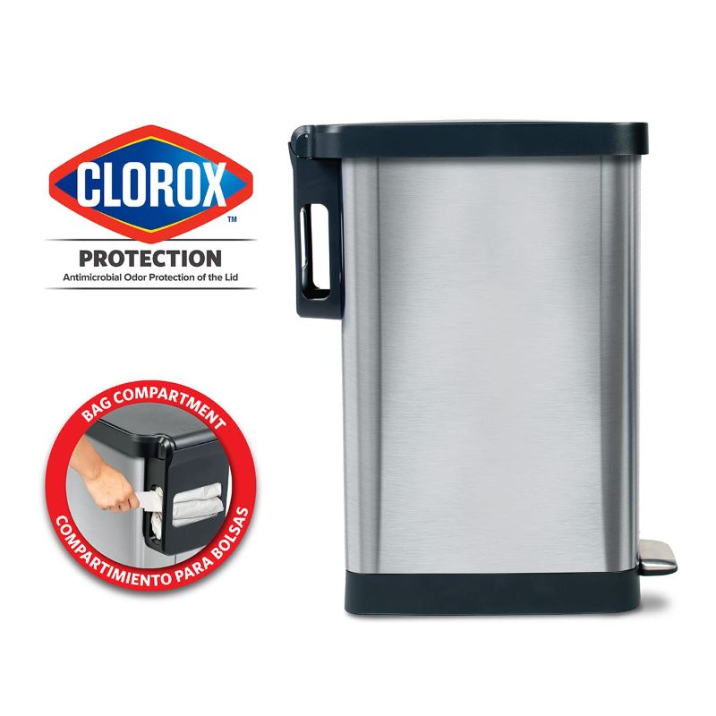 Photo 2 of Glad Slim Trash Can with Clorox Odor Protection - Narrow Kitchen Garbage Bin with Soft Close Lid, Step On Foot Pedal and Waste Bag Roll Holder, Stainless Steel, 45 Liter
