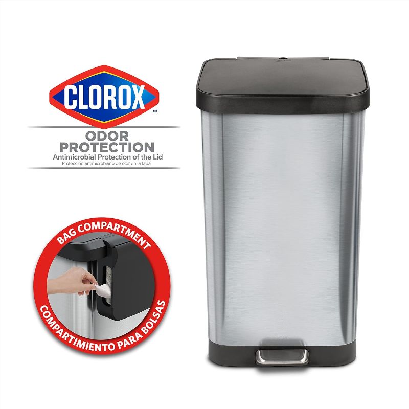 Photo 2 of Glad Stainless Steel Step Trash Can with Clorox Odor Protection | Large Metal Kitchen Garbage Bin with Soft Close Lid, Foot Pedal and Waste Bag Roll Holder, 20 Gallon, Stainless
