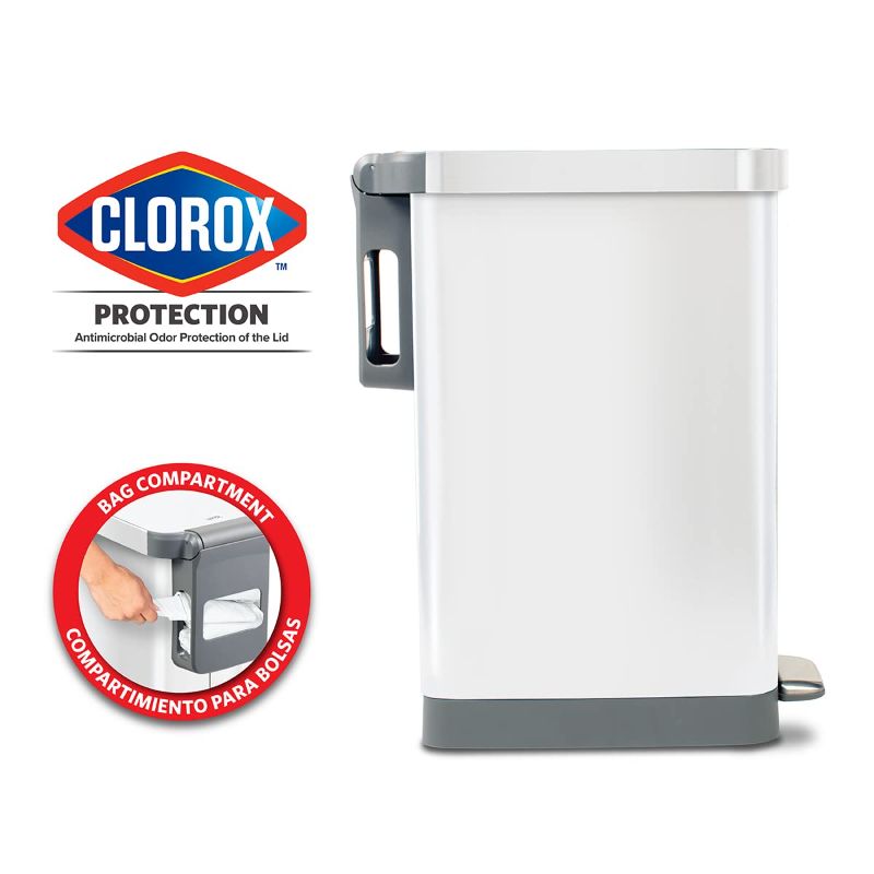 Photo 2 of Glad Slim Trash Can with Clorox Odor Protection - Narrow Kitchen Garbage Bin with Soft Close Lid, Step On Foot Pedal and Waste Bag Roll Holder, White Stainless Steel, 45 Liter
