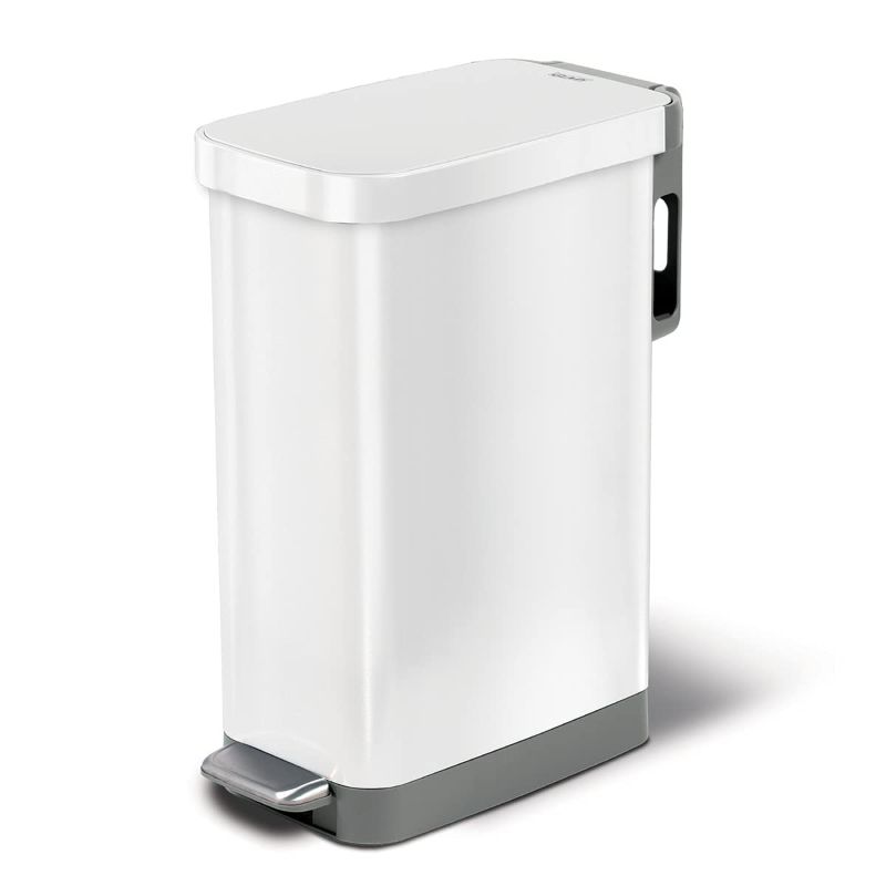 Photo 1 of Glad Slim Trash Can with Clorox Odor Protection - Narrow Kitchen Garbage Bin with Soft Close Lid, Step On Foot Pedal and Waste Bag Roll Holder, White Stainless Steel, 45 Liter
