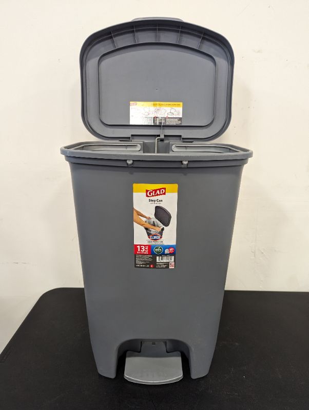 Photo 7 of Glad Trash Can | Plastic Kitchen Waste Bin with Odor Protection of Lid | Hands Free with Step On Foot Pedal and Garbage Bag Rings, 13 Gallon, Grey
