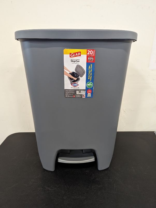 Photo 5 of Glad Kitchen Trash Can | Large Plastic Waste Bin with Odor Protection of Lid | Hands Free with Step On Foot Pedal and Garbage Bag Rings, 20 Gallon, Grey

