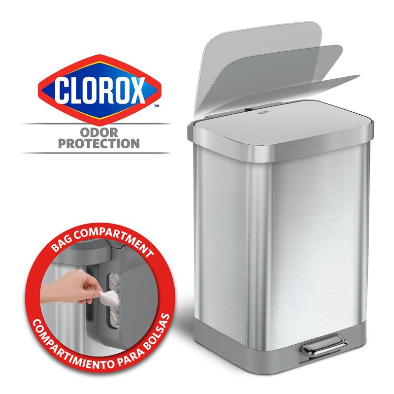 Photo 2 of Glad Stainless Steel Step Trash Can with Clorox Odor Protection | Large Metal Kitchen Garbage Bin with Soft Close Lid, Foot Pedal and Waste Bag Roll Holder, 13 Gallon, All Stainless
