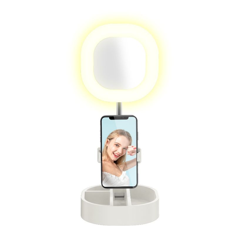 Photo 3 of Gabba Goods Mirror Selfie Ring Light for Girls 3 Modes, Universal Phone Holder Extends to 22.5in, Foldable - White
