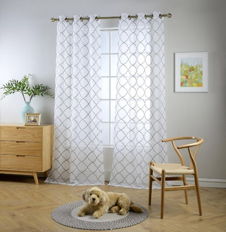 Photo 1 of MIUCO White Sheer Curtains Embroidery Trellis Design Grommet Curtains 63 Inches Long for Bedroom 2 Panels (2 x 37 Wide x 63" Long) White/Silver Embroidery
