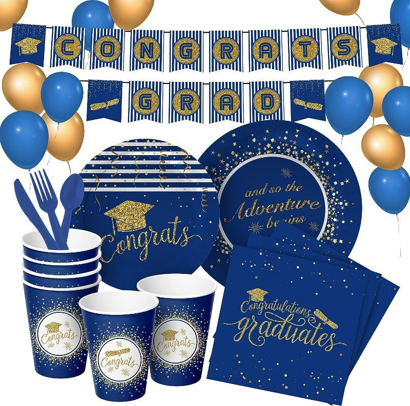 Photo 1 of Red and Gold Graduation Decorations 2023 - Complete Party Set for 16 Guests: 16 Guests – Banner, 16x Party Plates, Cups, and Napkins Sets, 20 Latex Balloons, Cutlery - College, Middle, Elementary School - SET IS RED/GOLD, stock photo to show set style
