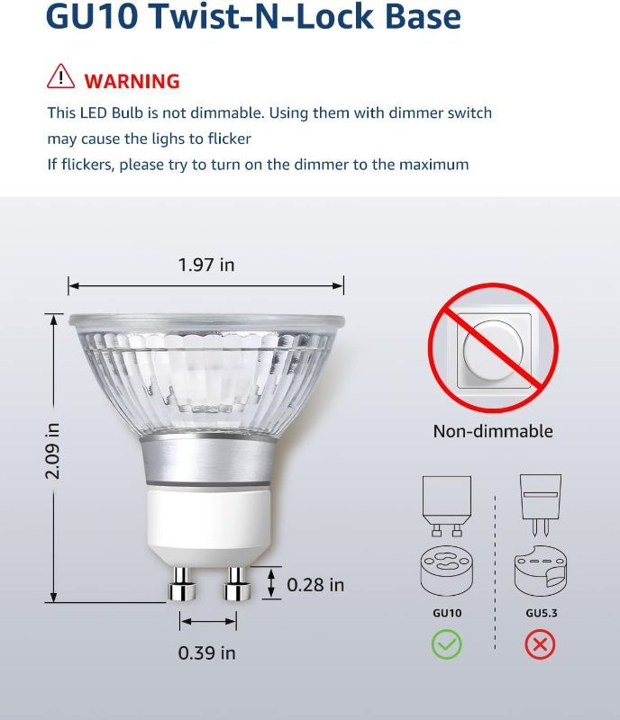 Photo 2 of LE GU10 LED Light Bulbs, 50W Halogen Equivalent, Non Dimmable, 5000K Daylight White Natural Light, LED Bulb Replacement for Recessed Track Lighting, 120 Degree Flood Beam, 3W 350LM
