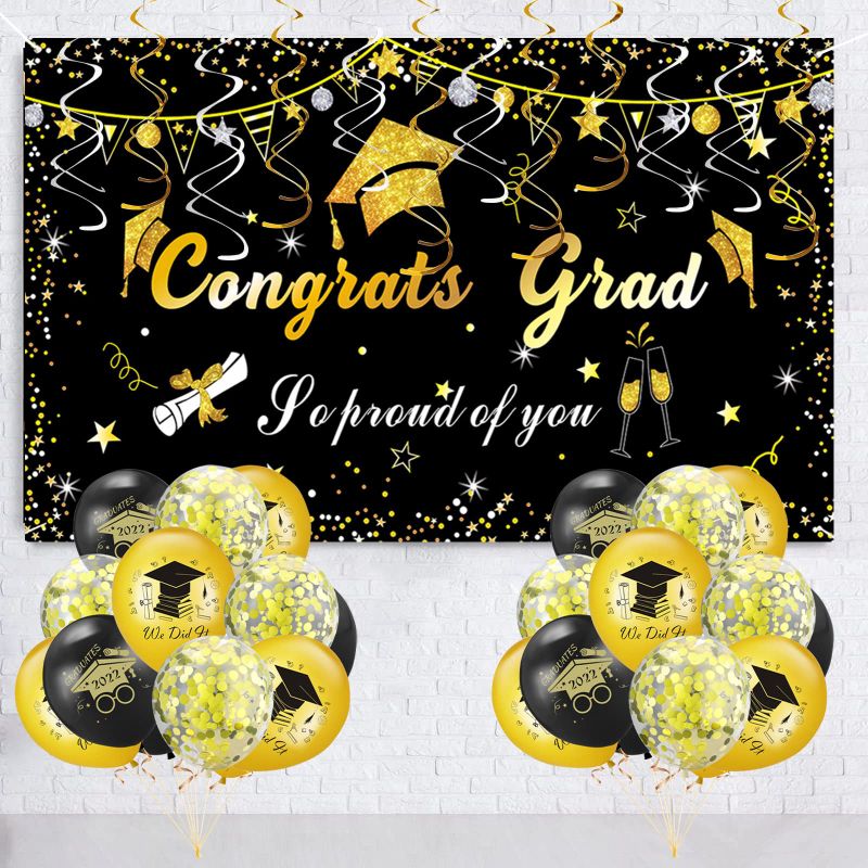 Photo 1 of 2023 Graduation Backdrop Banner Graduation Party Decorations Supplies-71"x40" Large Size Congrats Grad Banner Garland Photo Backdrop+Balloons+Hanging Swirls Favors(Black and Gold) (2 pcs)