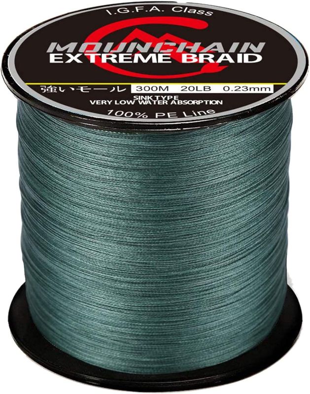 Photo 1 of Mounchain Braided Fishing Line, 4 Strands Abrasion Resistant Braided Lines Super Strong 100% PE Sensitive Fishing Line 1000M - Dark Green
