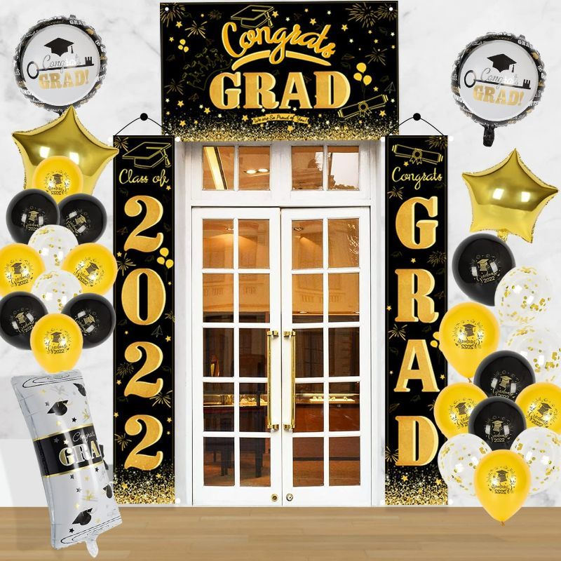 Photo 1 of (2 pack) Graduation Decorations 2022 Graduation Party Supplies - Congrats Grad Banner, Class of 2022 Congrats Grad Porch Signs, 35PCS Graduation Balloons for Indoor Outdoor Graduation Party Decorations