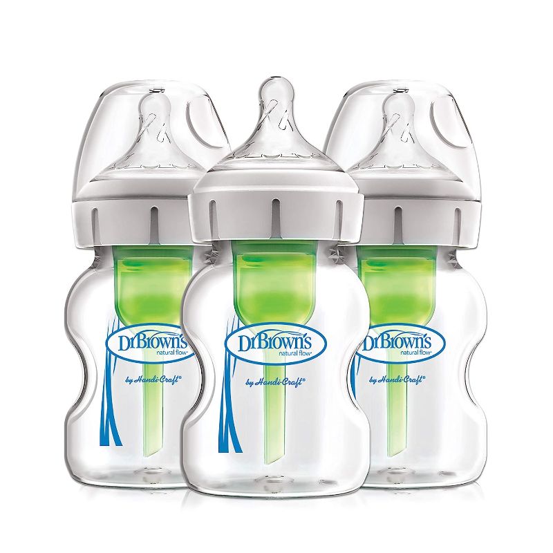 Photo 1 of Dr. Brown's Natural Flow Anti-Colic Options+ Wide-Neck Glass Baby Bottles 5 oz/150 mL, with Level 1 Slow Flow Nipple, 3 Pack, 0m+
