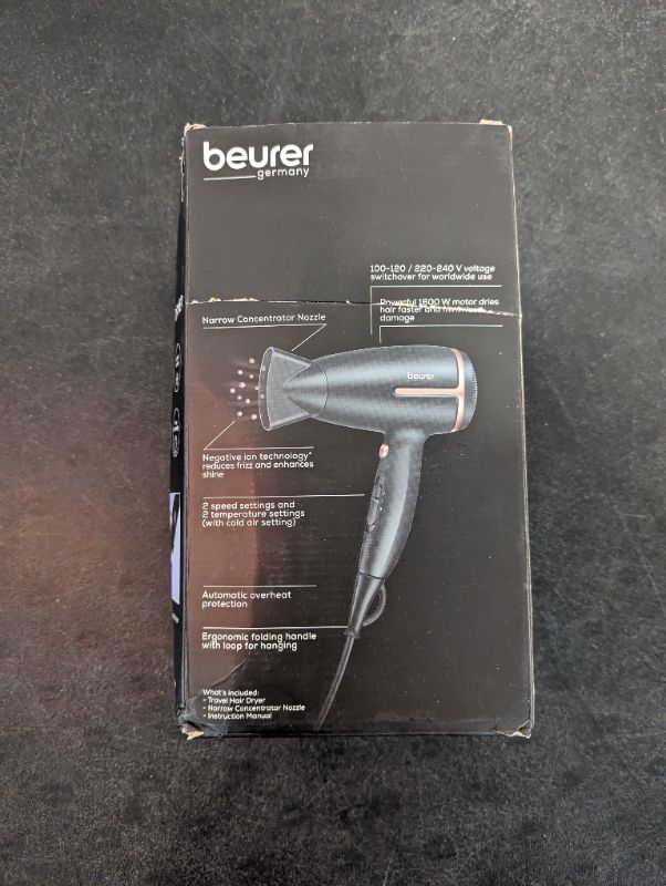 Photo 3 of Beurer HC25 Ionic Hair Dryer for Travel with Voltage Switch 1600W Anti Frizz Blow Dryer, Foldable Handle, Lightweight Styler, Nozzle Attachment, Storage Bag, Black and Rose Gold Black/Rose Gold