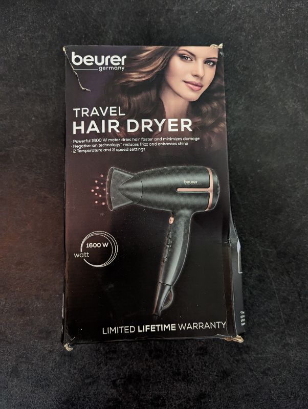 Photo 2 of Beurer HC25 Ionic Hair Dryer for Travel with Voltage Switch 1600W Anti Frizz Blow Dryer, Foldable Handle, Lightweight Styler, Nozzle Attachment, Storage Bag, Black and Rose Gold Black/Rose Gold