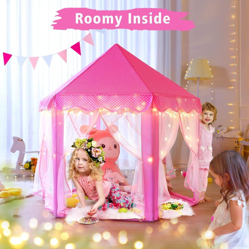 Photo 2 of Monobeach Princess Tent Girls Large Playhouse Kids Castle Play Tent with Star Lights Toy for Children Indoor and Outdoor Games, 55'' x 53'' (DxH)