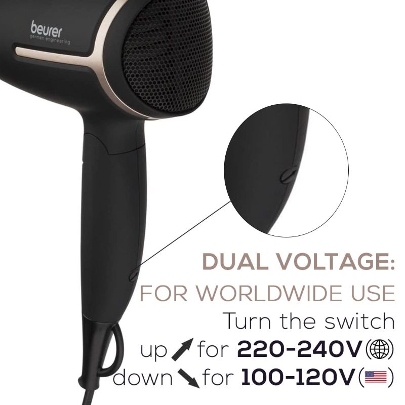 Photo 3 of Beurer HC25 Ionic Hair Dryer for Travel with Voltage Switch 1600W Anti Frizz Blow Dryer, Foldable Handle, Lightweight Styler, Nozzle Attachment, Storage Bag, Black and Rose Gold
