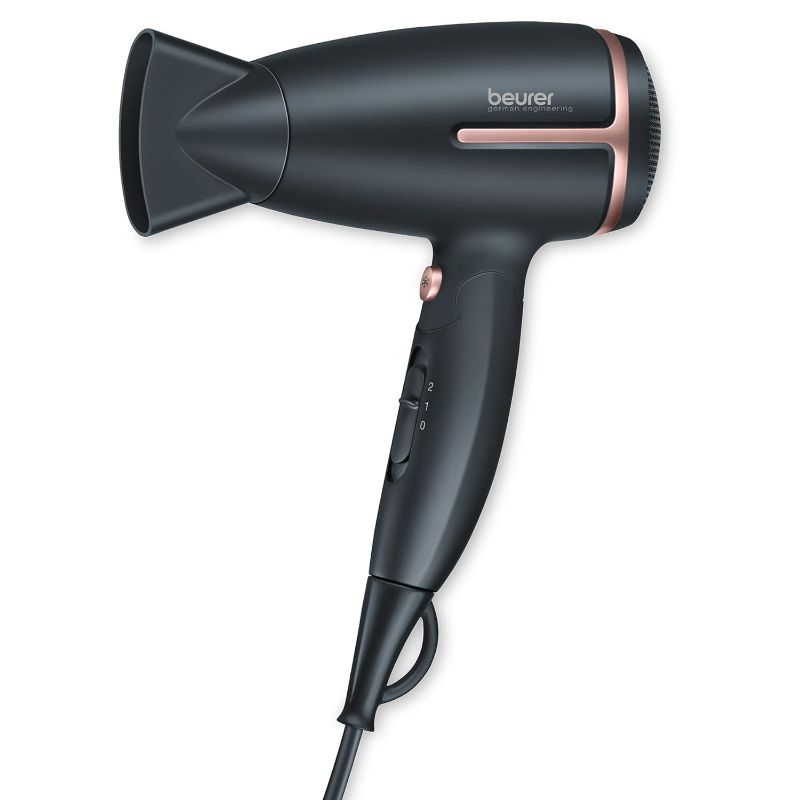 Photo 1 of Beurer HC25 Ionic Hair Dryer for Travel with Voltage Switch 1600W Anti Frizz Blow Dryer, Foldable Handle, Lightweight Styler, Nozzle Attachment, Storage Bag, Black and Rose Gold
