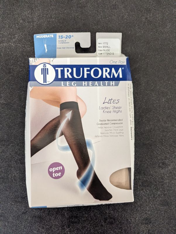 Photo 4 of Truform Sheer Compression Stockings, 15-20 mmHg, Women's Knee High Length, Open Toe, 20 Denier, Nude, Small Nude Small (1 Pair)