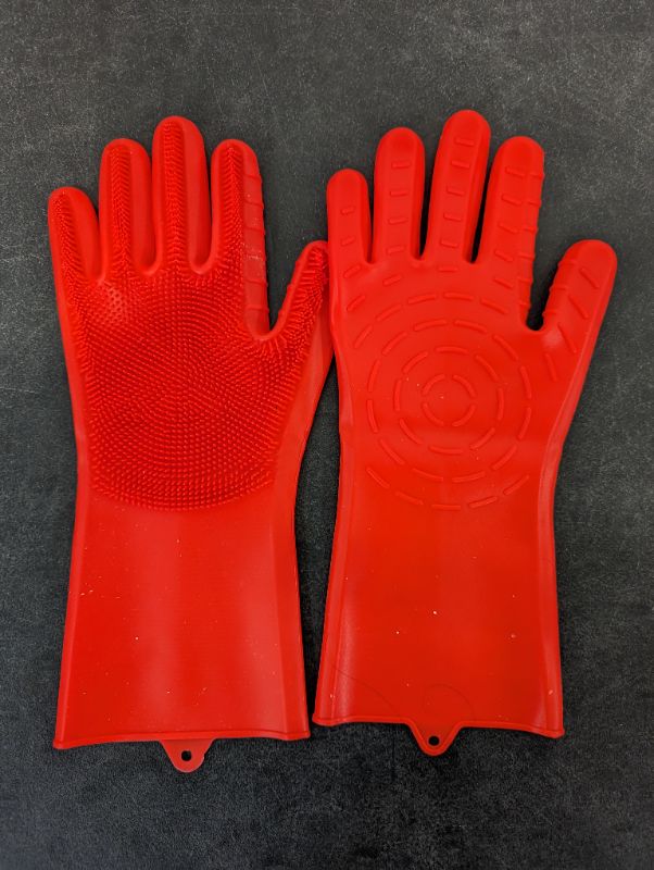 Photo 2 of Silicone Dishwashing Gloves, Rubber Scrubbing Gloves, Sponge Cleaning Brush for Dishes Housework, Kitchen, Cars - RED
