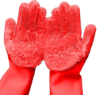 Photo 1 of Silicone Dishwashing Gloves, Rubber Scrubbing Gloves, Sponge Cleaning Brush for Dishes Housework, Kitchen, Cars - RED
