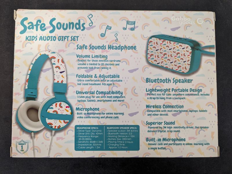 Photo 3 of Gabba Goods - Safe Sounds Bluetooth Speaker and Volume Limiting Over-Ear Headphones - Kids Audio Gift Set - Rainbows/Weather