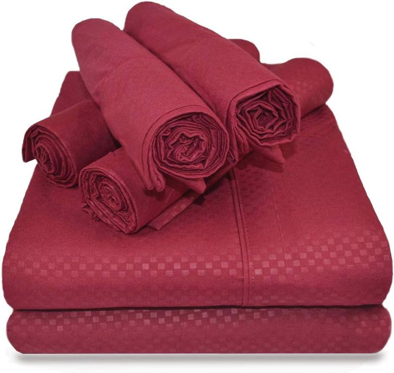 Photo 1 of Victoria Valenti Embossed Sheet Set with 4 Pillow Cases, Double Brushed and Ultra Soft with Deep Pockets for Extra Deep Mattress, Microfiber, Queen Burgundy
