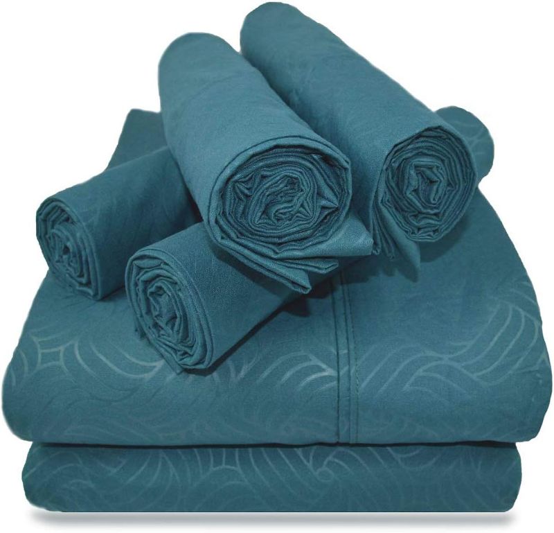 Photo 1 of Victoria Valenti Embossed Sheet Set with TWO Pillow Cases, Double Brushed and Ultra Soft with Deep Pockets for Extra Deep Mattress, Microfiber, TWIN - Dark Teal - **stock photo for reference, Twin set only has 2 pillow cases**
