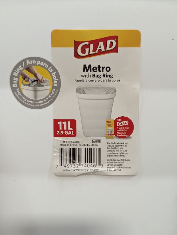 Photo 3 of Glad Metro Plastic Waste Bin – 11L, Square with Bag Ring, White