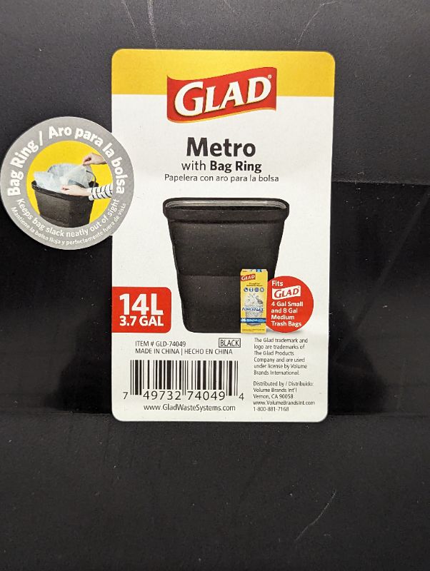 Photo 5 of Glad Metro Waste Bin with Bag Ring | Black Garbage Container, 14L

