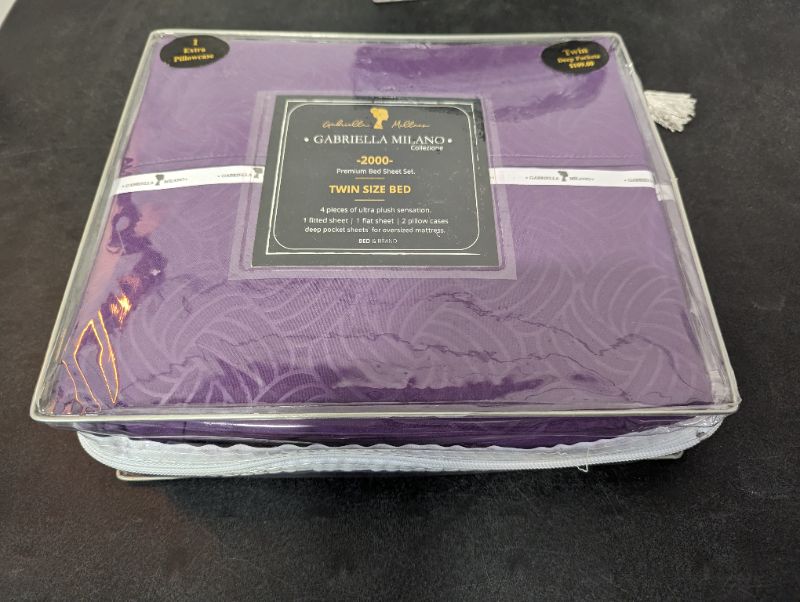 Photo 4 of Gabriella Milano Collezione - 2000 Premium Bed Sheet Set - 4pcs - Twin - Purple
**STOCK PHOTO TO SHOW COLOR AND CONTENTS, SEE PHOTOS FOR ACTUAL PRODUCT AND STYLE**