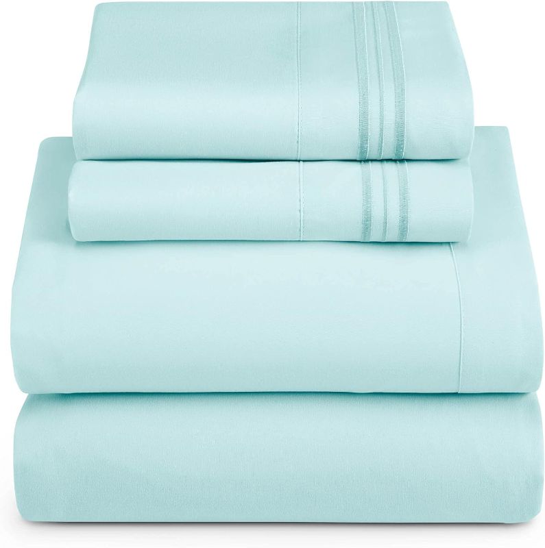 Photo 2 of Clara Clark Queen Sheets Set, Deep Pocket Bed Sheets for Queen Size Bed - 4 Piece Queen Size Sheets, Extra Soft Bedding Sheets & Pillowcases, Light Blue Aqua Sheets Queen
