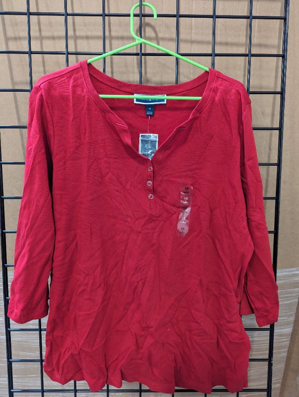 Photo 2 of Karen Scott Women's Solid Henley Blouse, Red, 1X