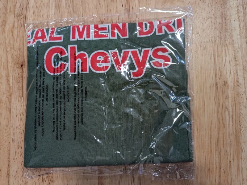 Photo 3 of "Real Men Drive Chevys" T-Shirt - Green w/Red & White Logo/Lettering - Size Small **STOCK PHOTO TO SHOW STYLE, COLOR IS DIFFERENT, SEE PHOTOS**